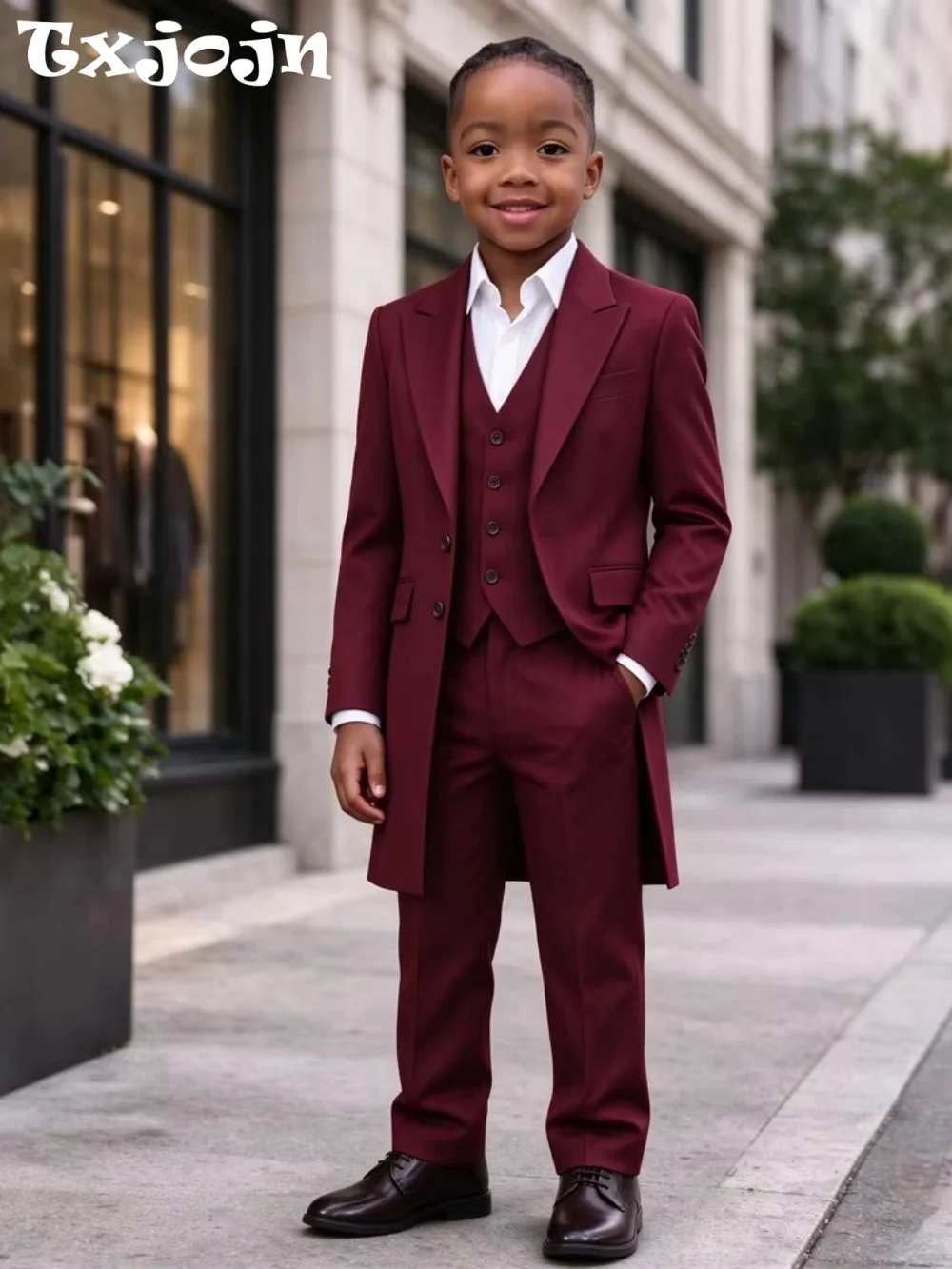 2027 New Kids Long Jacket Vest Pants Suit Set 3 Pieces Wedding Guest Outfit Handsome Peak Lapel Boys Suits For Birthday Party