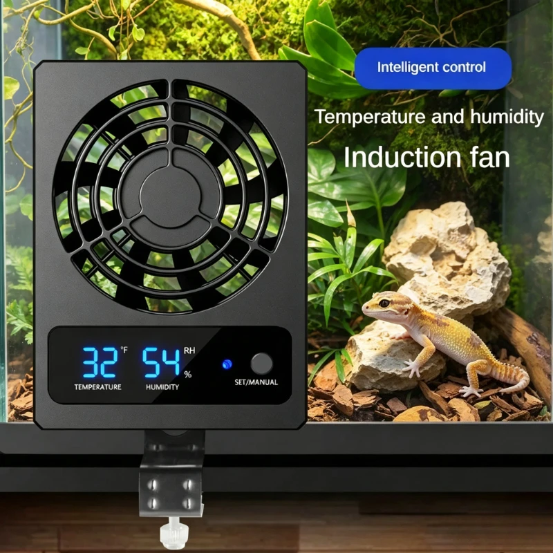 Digital Temp Humidity Induction Vent Fan Intelligent Reptile Vivarium Ventilation Fan Adjustable Cooling Fan for Gecko Lizard