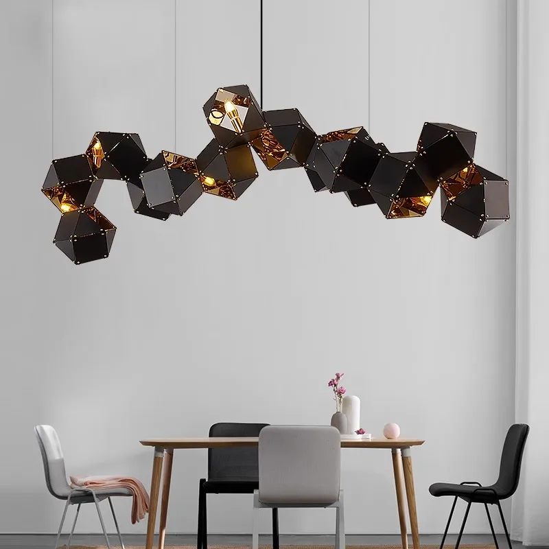 

Postmodern Black Polyhedron Stainless Steel Pendant Lights Personality Living Room Restaurant Kitchen Island Hotel Hanging Lamps