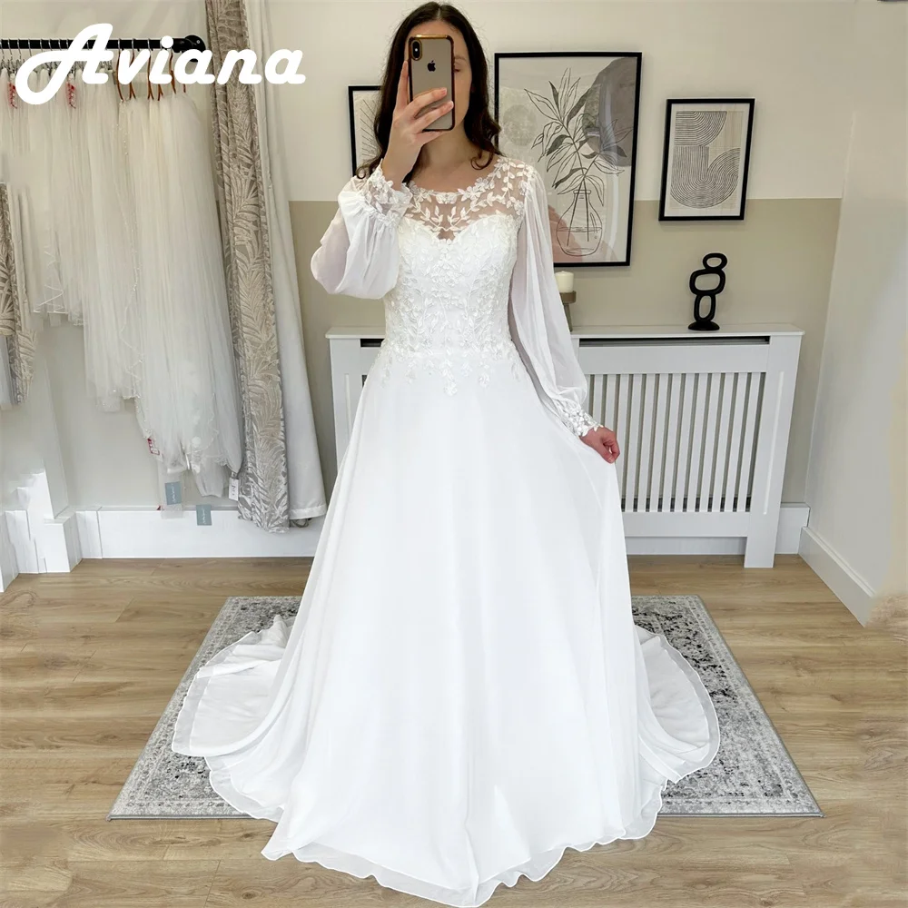 

Customized Chiffon Long Puff Sleeves White Wedding Dresses O Neck Lace Appliques A Line Full Back Boho Brides Gown Sweep Train