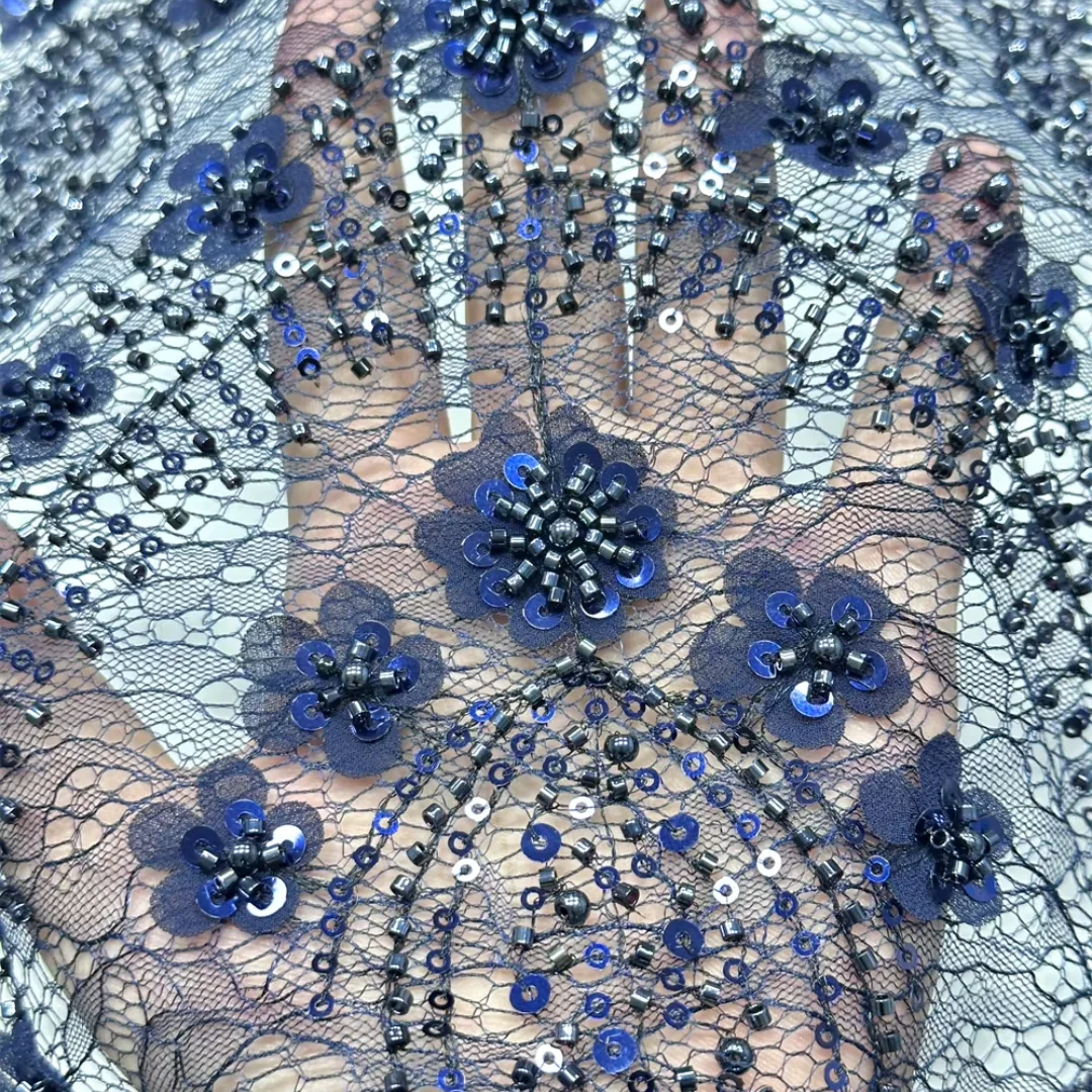 High Quality Floral Embroidery Tulle Lace Fabric French Mesh Net Nigerian Beaded Sequins Lace for Wedding Party Dress Sewing