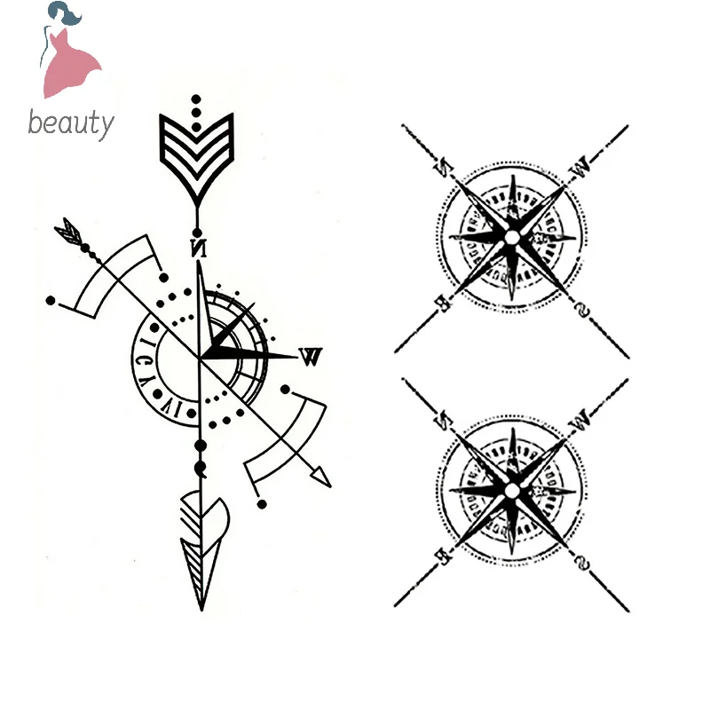 Autocollant de Tatouage Temporaire Étanche, Boussole, Flèche, Horloge Romaine, Petit Corps, Art, Flash, Faux Tatouage pour Femmes et Hommes