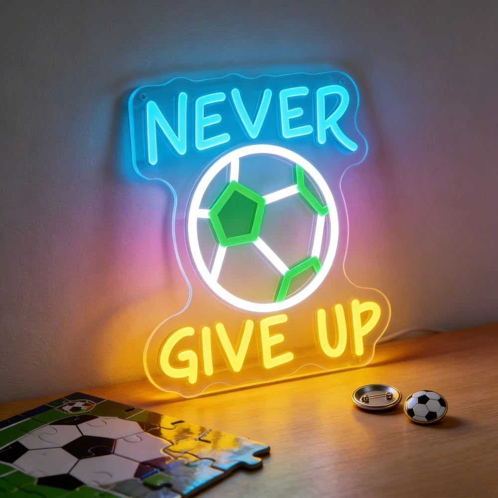 

Неоновая LED-вывеска «Никогда не сдавайся» с футбольной тематикой, USB-светильник с регулировкой яркости для спортивной комнаты, тренажерного зала, раздевалки, мотивационный декор, подарки