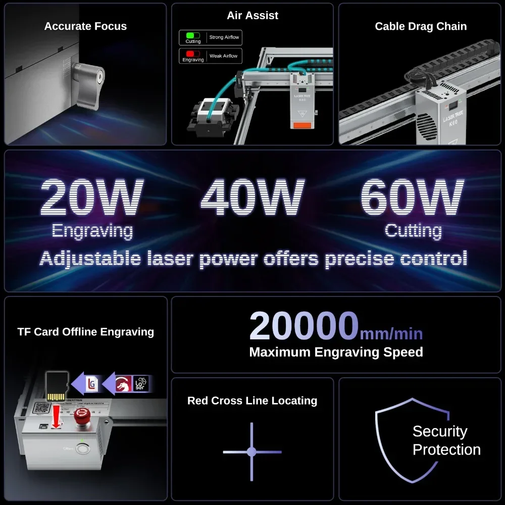 Árvore a laser k1 max 60w diy máquina de gravura de folhas diodo lazer gravador madeira cnc máquinas de corte a laser com bomba de ar para madeira compensada