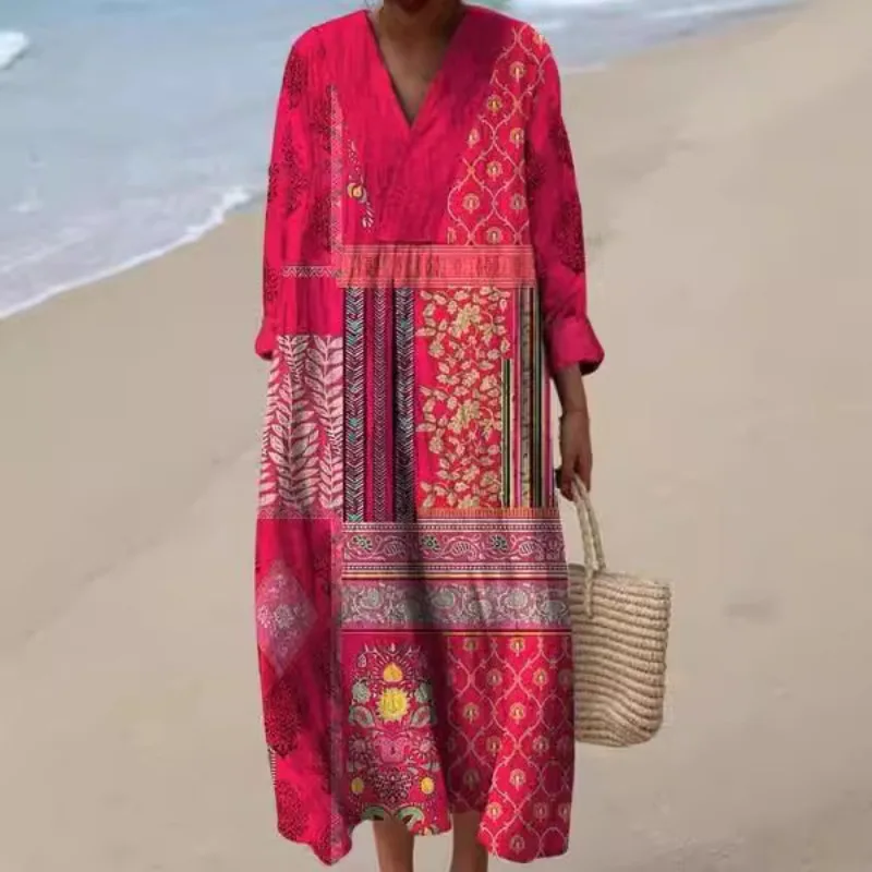 Vestido camisa de manga comprida com estampa floral feminina – Vestido maxi de verão casual solto com decote em V para praia