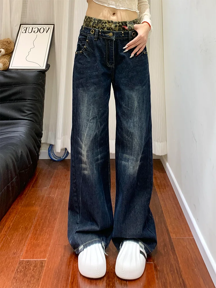 

Loose Fit American Style High Waist Wide Leg Jeans Women's Trendy Brand Double Waist Design Draping Casual Straight Long Pants