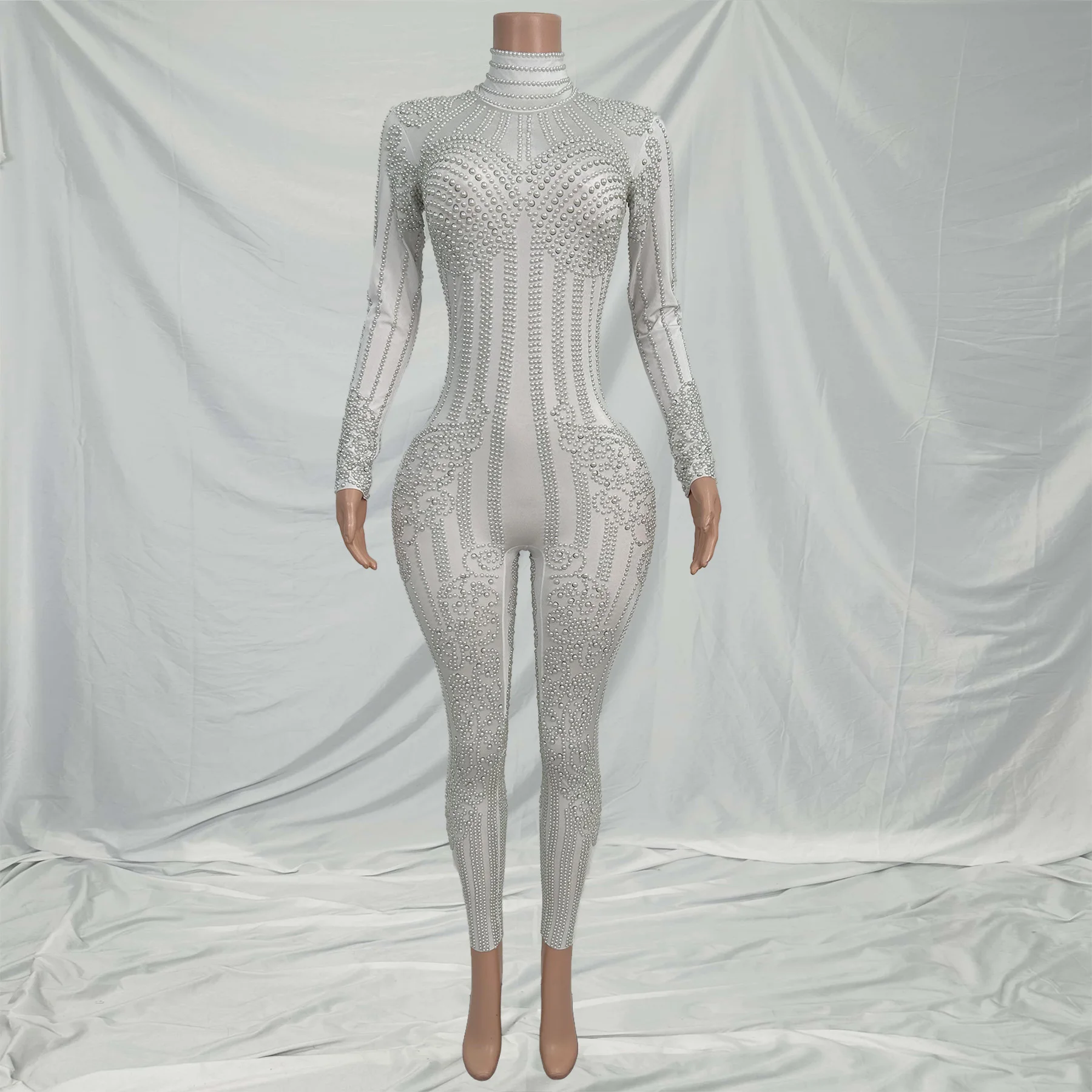 Sexy mangas compridas clube festa pérolas macacões feminino magro macacão festival roupas mostrar desempenho bodysuits dança playsuit