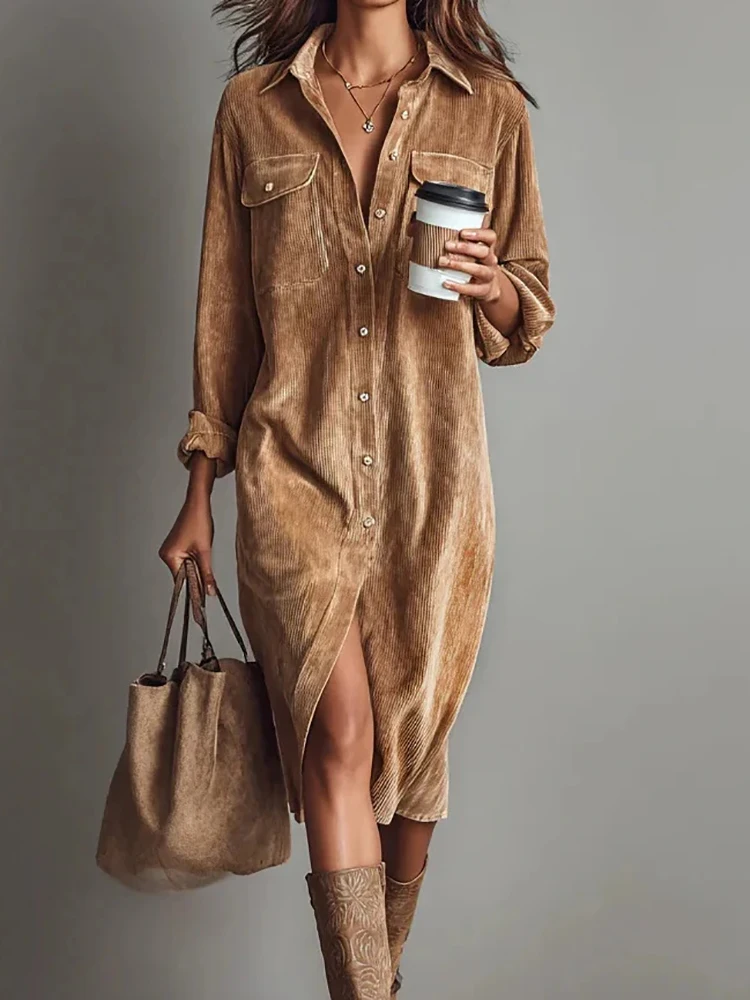 Langärmliges Patchwork-Chic-Maxikleid, Frühlings-Herbst-Damen-Umlegekragen, einfaches Partykleid, neues lässiges Damenkleid für den Urlaub