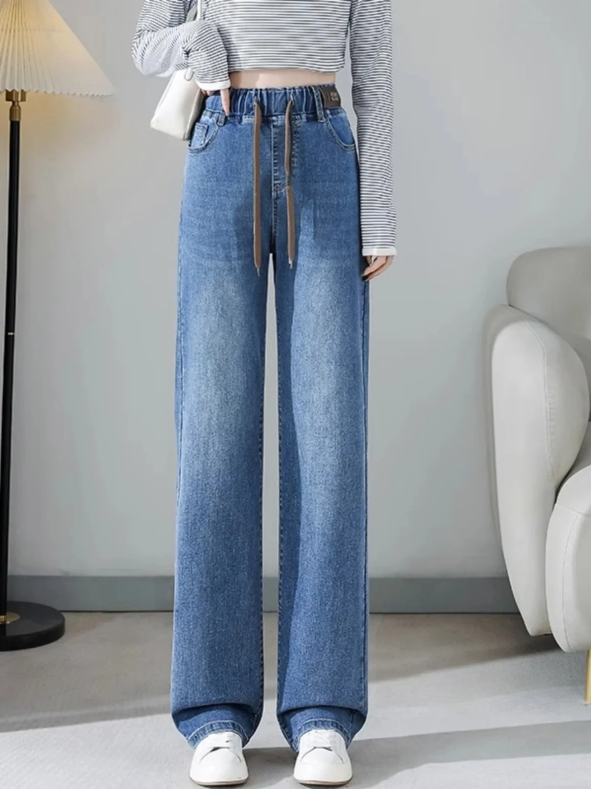 

Широкие джинсы с высокой талией в стиле ретро, женские весенние 2024, новые свободные утягивающие длинные прямые брюки с эластичной резинкой на талии