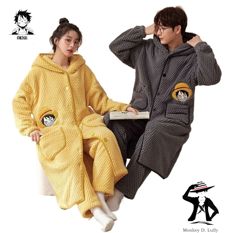 

One Piece cartoon anime bathrobe creative unisex couple autumn and winter coral fleece warm pajamas loungewear robe gift