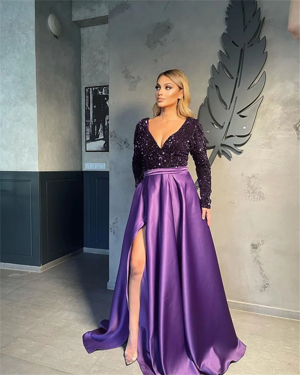 Amanda Glitter Heart Shaped Neck Satin Prom Dress Side Split  فساتين مناسبة حسب الطلب  A-line Floor-length vestidos de festa