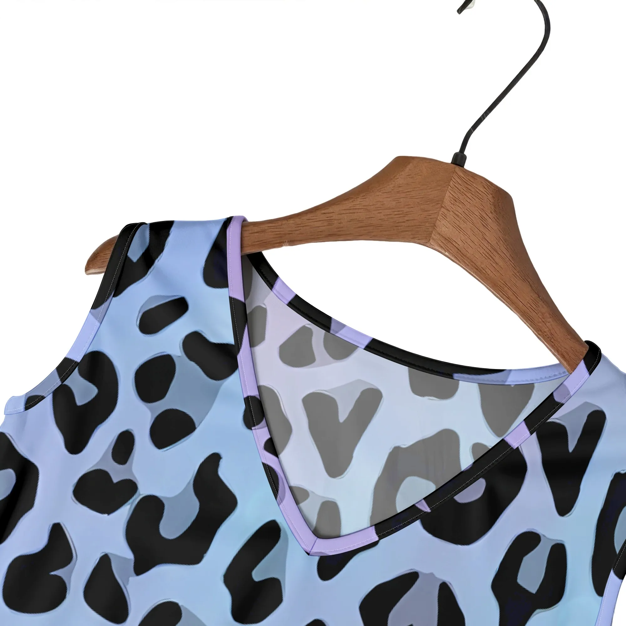 Leopardenmuster-Kleid mit Farbverlauf und V-Ausschnitt, Ärmelloses Sommer-Minikleid, Lässiges Strandkleid, Locker Sitzende Urlaubskleidung, XL-5XL – Detail 6