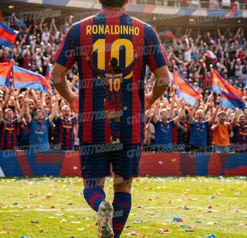 Camiseta de fútbol con estampado de Barca Stripe Ronaldinho, cómoda, transpirable, deportiva de verano, elegante, para niños y familia, camisetas a juego para la familia