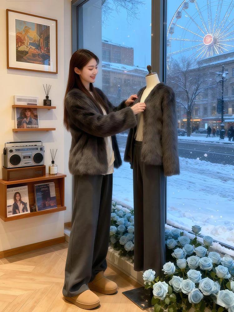 

Sli plus Size Winter Outfit eepskin Jaet And Casual Pants Set High Waist Loose Fit Warm Polyester Blend Korean Sle