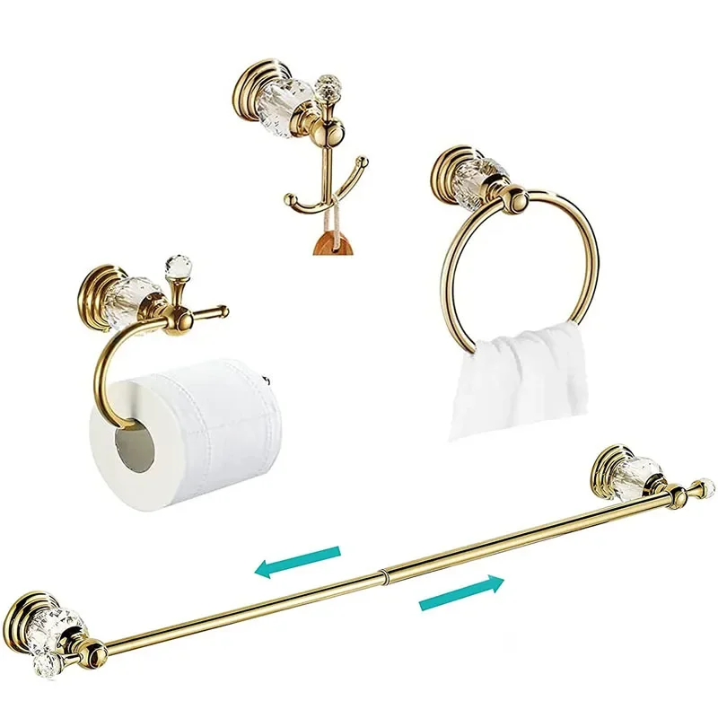 4 Pieces Gold Bathroom Accessories Sets Brass&Crystal Retractable Towel Bar Wall Mounted Paper Rack Bathroom Hardware Set