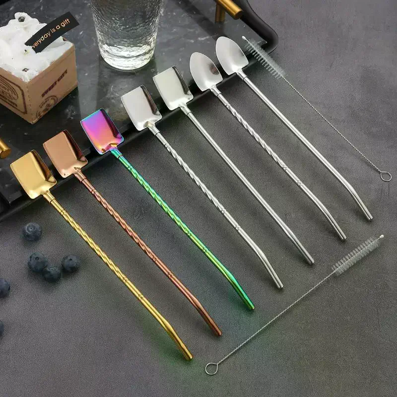 1Pcs Stainless Steel Mix Drinking Spoon Straws, Creative Ice Cream Kitchen Utensil Barware, Shovel Spoon Shaped Straws