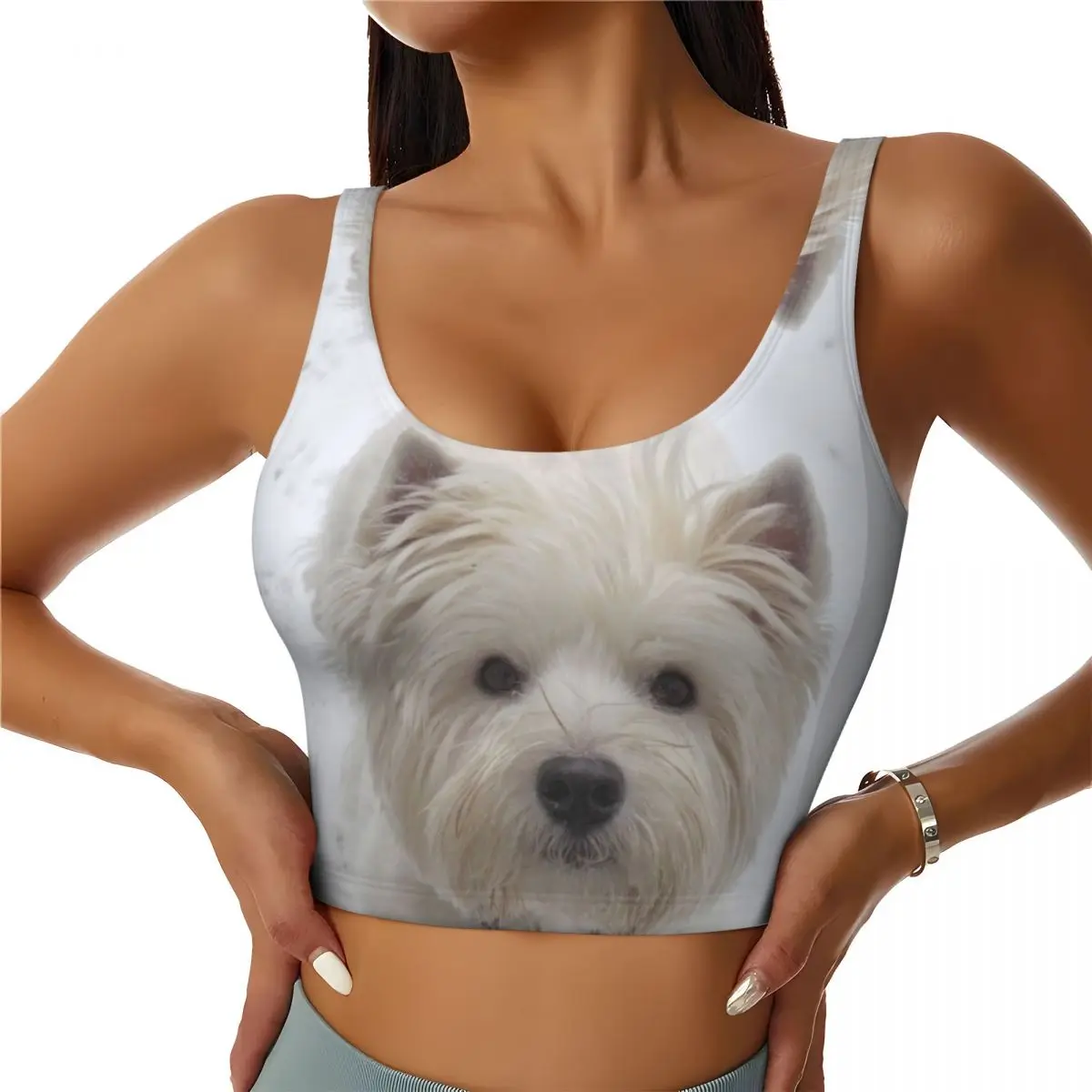 Custom Women's Cute Westie Dog Sports Bra West Highland White Terrier Puppy High Impact Gym Workout Running Crop Tank Tops