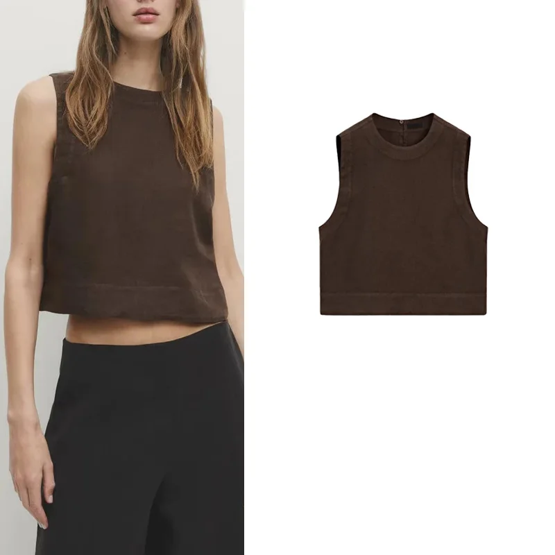 MD Women's Minimalist Brown Lightweight Mixed Fabric Sleeveless Shirt Top New Beauty Ray Color 5126681 Summer 2024 Polyester