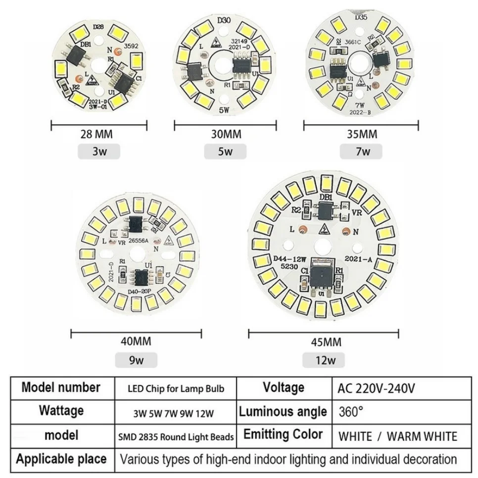 LED bulb chip 3W 5W 7W 9W 12W SMD round bead AC 220V-240V bulb chip spotlight 90 lumens/W energy-saving LED bulb chip illuminati