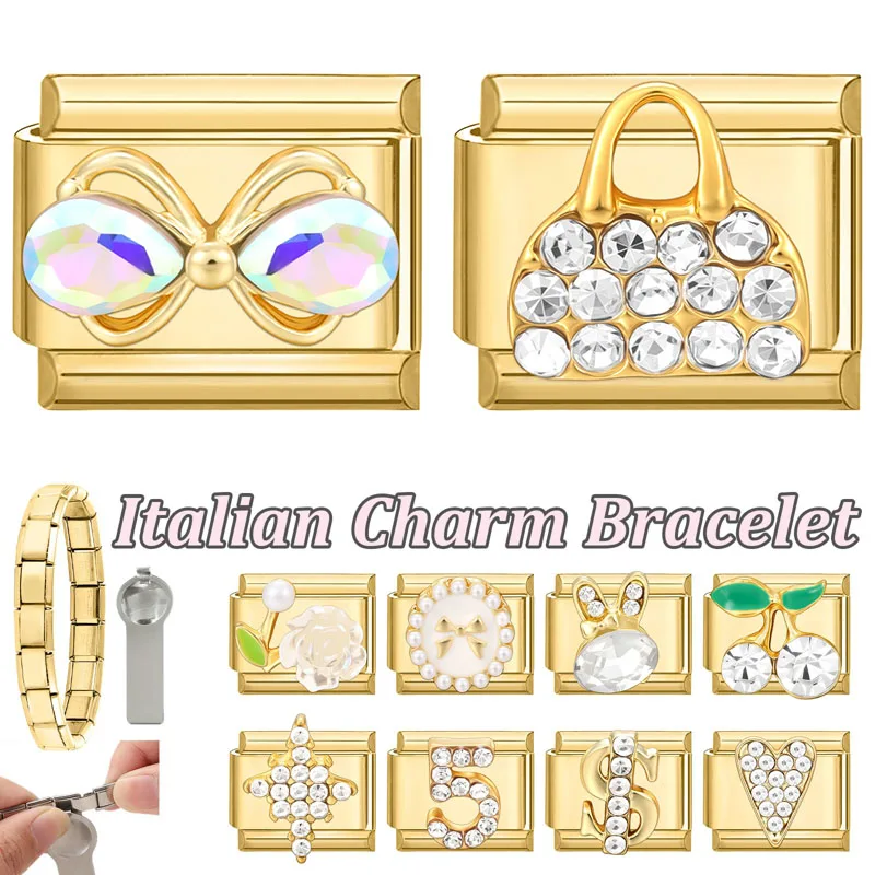New Gold Color Zircon Italian Charm Links Fit 9mm Stainless Steel Bracelet Women DIY Making Gifts
