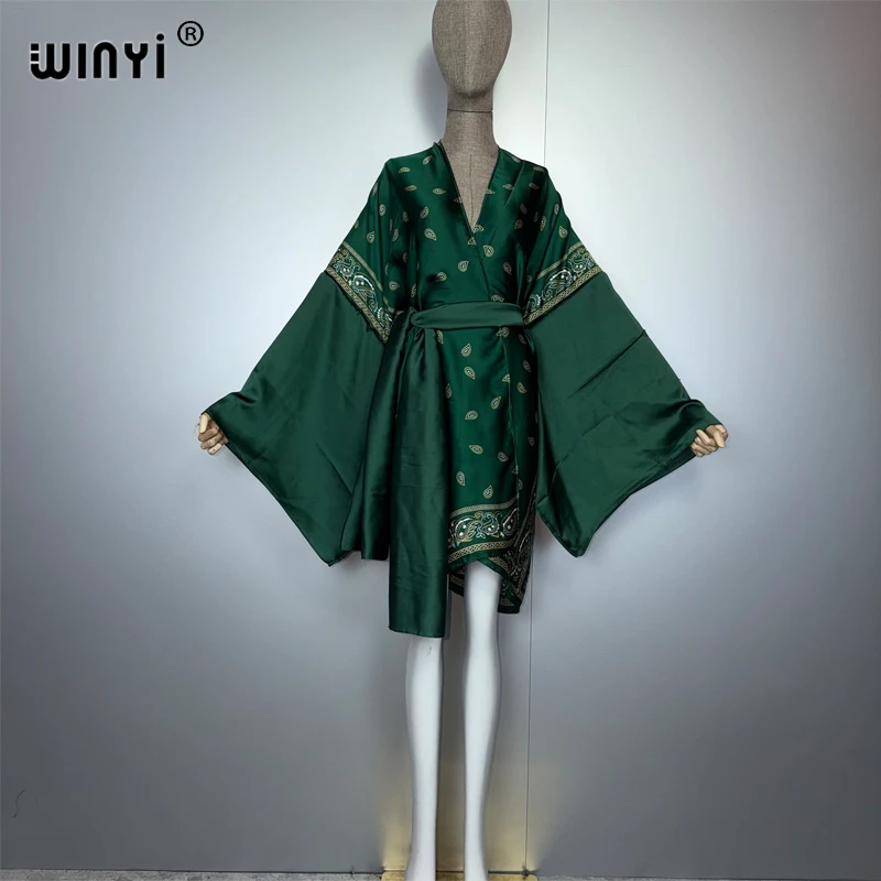 WINYI mode kimono tenues de plage femmes maillot de bain couvrir Cardigan point auto ceinture vacances à manches longues manteau vacances caftan