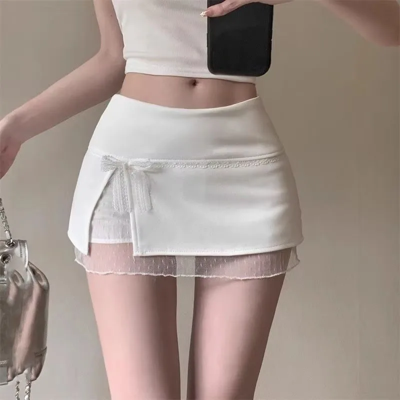 

Милая кружевная лоскутная юбка трапециевидной формы для женщин, летние облегающие юбки с бантом и высокой талией, новинка 2025 года, универсальные Faldas Sexy Mujer