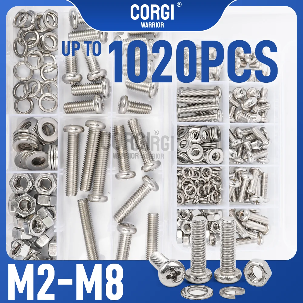 Up to 1020 Phillips Machine Screws Assortment Kit M2 M2.5 M3 M4 M5 M6 M8 Wholesale Pan Head Bolt 304 Stainless Steel Nut Washers