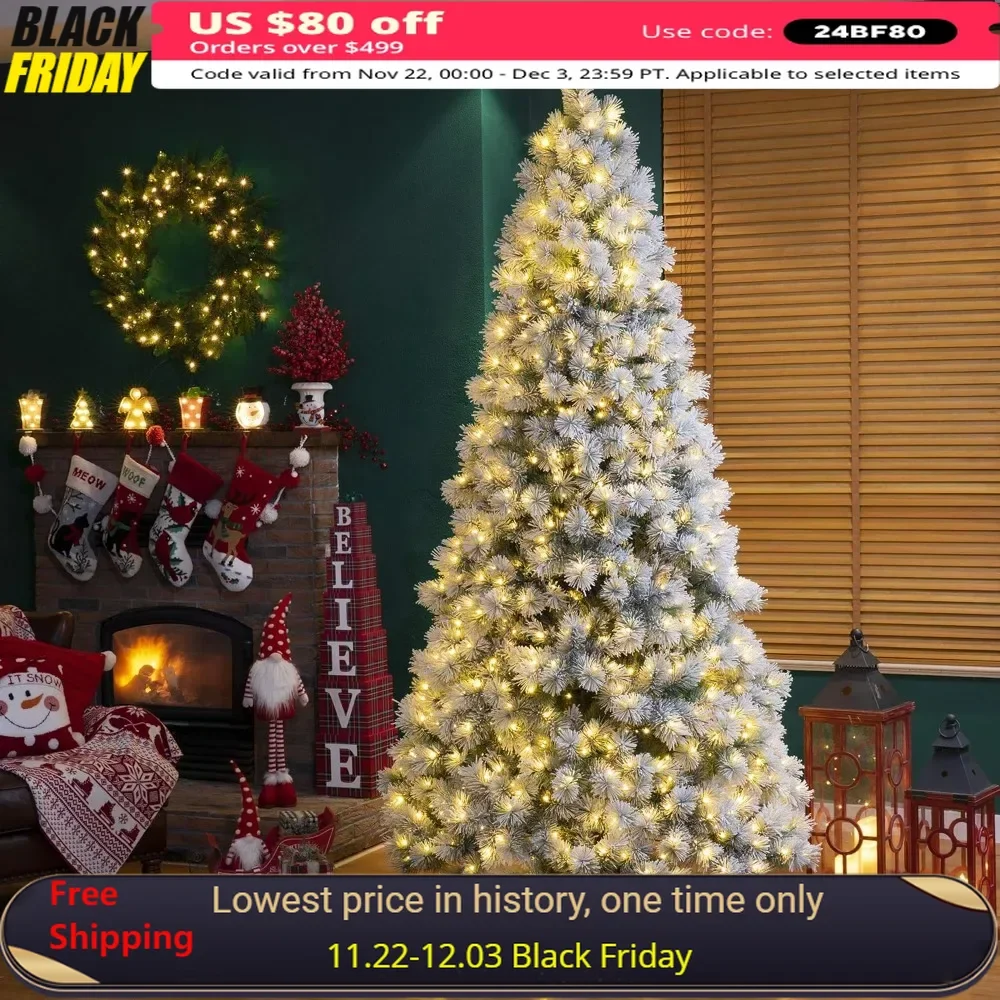 9ft Christmas Tree Wth Easy Assembly Metal Stand, Full-Size Christmas Tree with 900 Warm White Lights Holiday Decoration