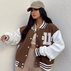 Womes Jacket Y2K 코트 streetwear 패션 걸스 탑 2024 가을 스탠드 칼라 긴 소매 프린트 패치 워크 폭격기 재킷