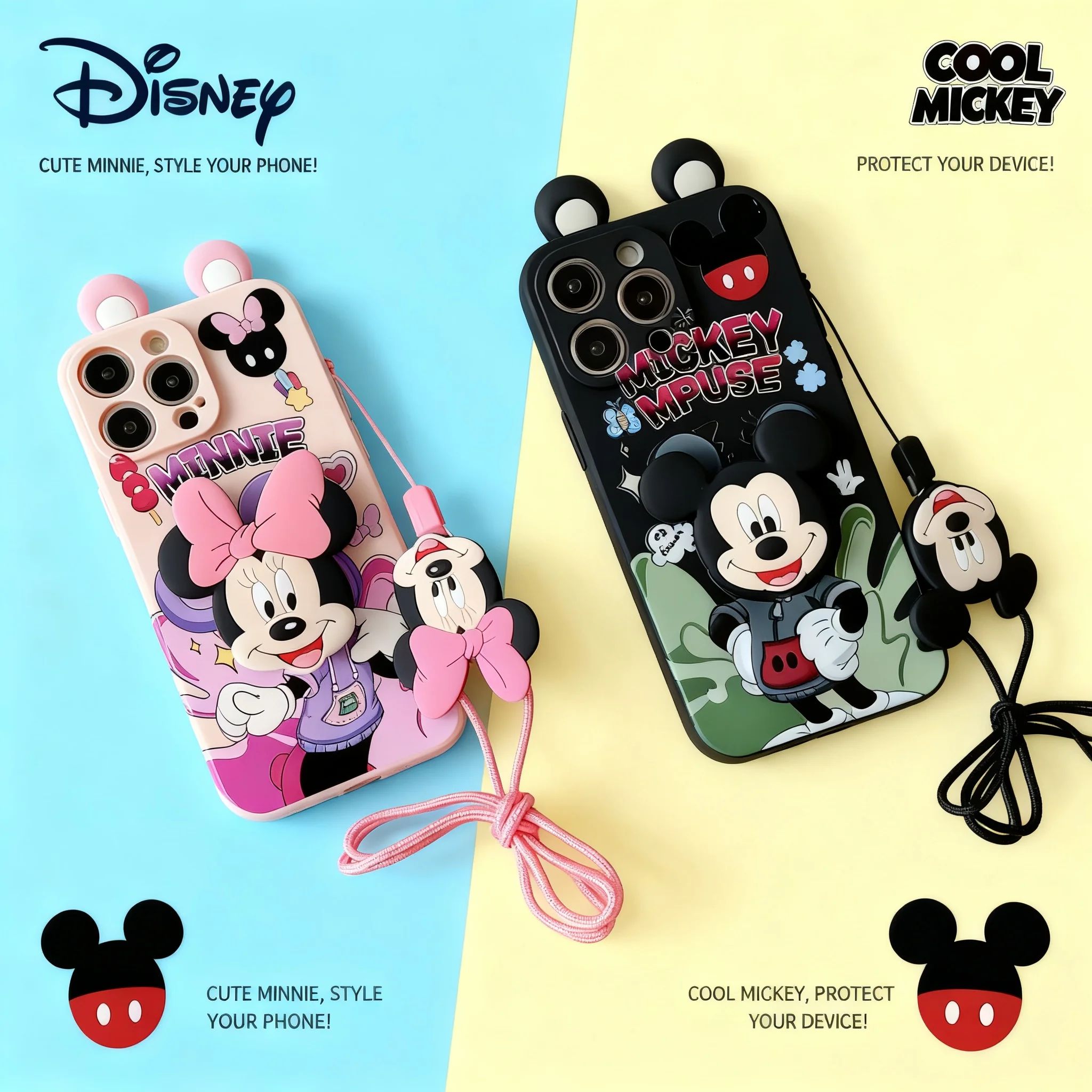 

Mickey Minnie 3D Ears Phone Case For iPhone 16 17 PRO MAX 15 Cartoon Cute Universal Cross Border Compatible With All Models