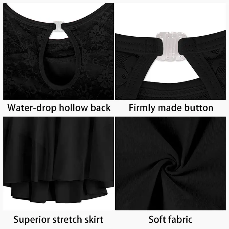 Women\'s Dance Leotard Skirt Adult Lace Short Sleeve Ballet Dress,Water-drop Hollow Back,Full Front Soft Lining Ballet Clothes