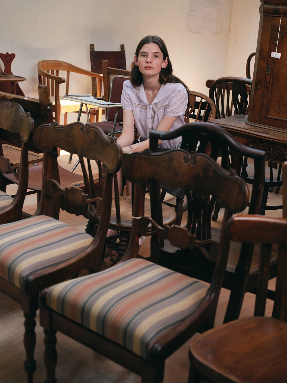 

Lightweight Pure Cotton Summer irt Ruffle Patchwork P Purple Stripes ort Sve Women's Faion Straight Cut Breathable