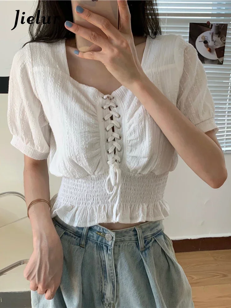 

Jielur Fashion White Puff Sleeve Drawstring Women's Blouses Square Neck Solid Color Sexy Slim Simple Elegant Black Female Blouse
