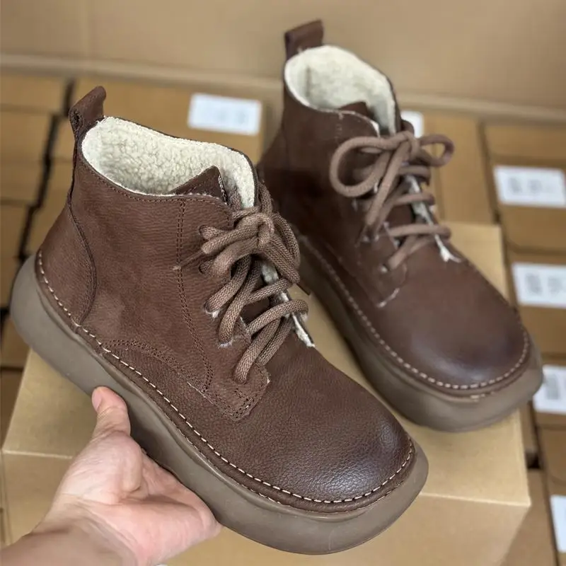 

Утепленные теплые хлопковые ботинки, женская повседневная кожаная обувь, короткие ботинки на флисовой подкладке, зимняя новая модель в винтажном стиле