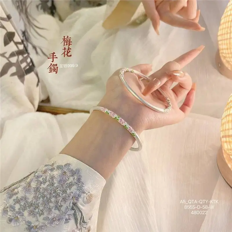 

9999 Enamel Small Plum Blossom Closed Bangle Sweet Style Silver Bracelet