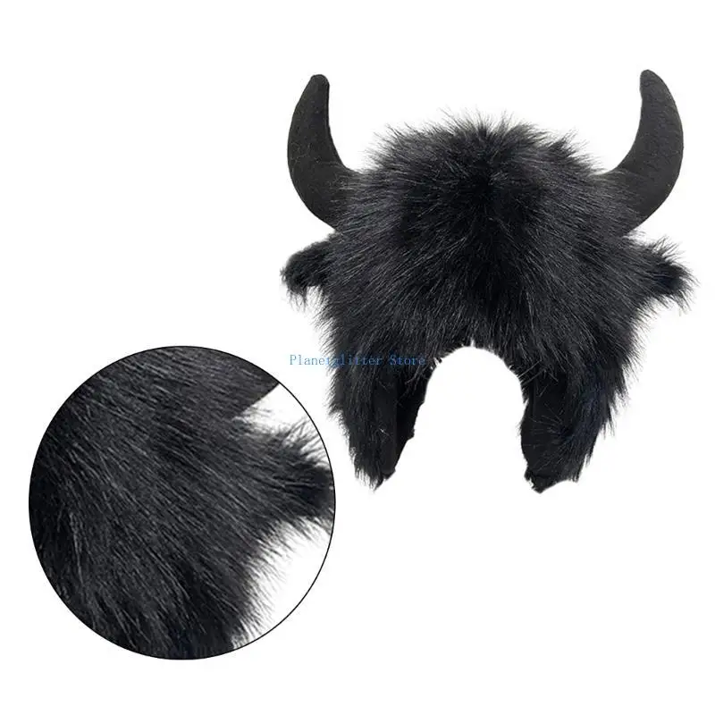 652B فروي قبعة الثور أغطية الرأس مع قرون الكرتون هدية عيد الهالوين قبعة دافئة ناعمة مع غطاء للأذن للمغامرات في الهواء الطلق