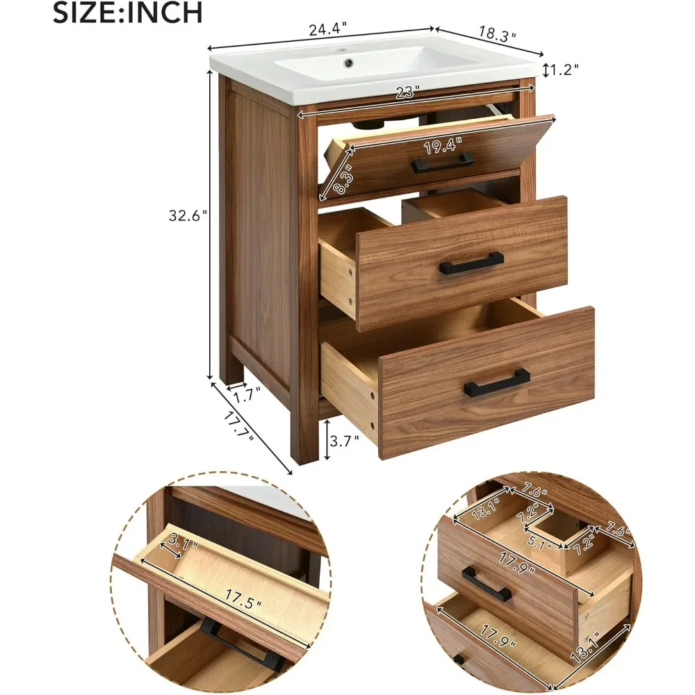 洗面化粧台,自立型洗面化粧台,シンク付きキャビネット,バスルーム用樹脂製洗面台,3つの引き出し,24インチ