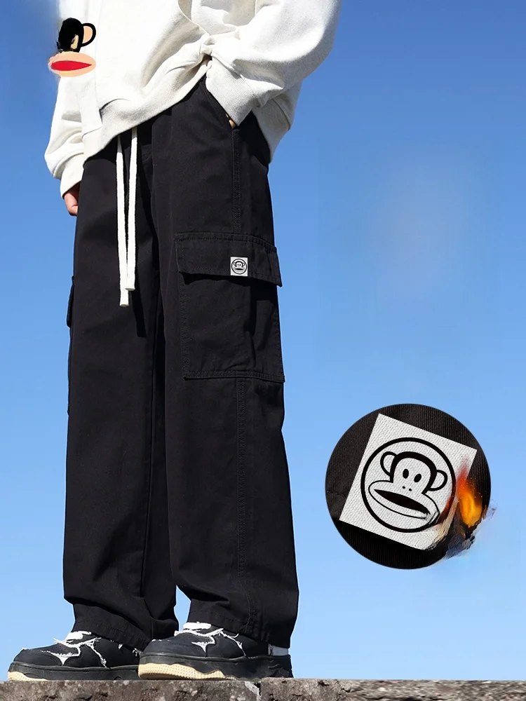 

Мужские свободные прямые хлопковые рабочие брюки PaulFrank, весенне-осенние повседневные брюки с подкладкой из флиса, удобные, дышащие