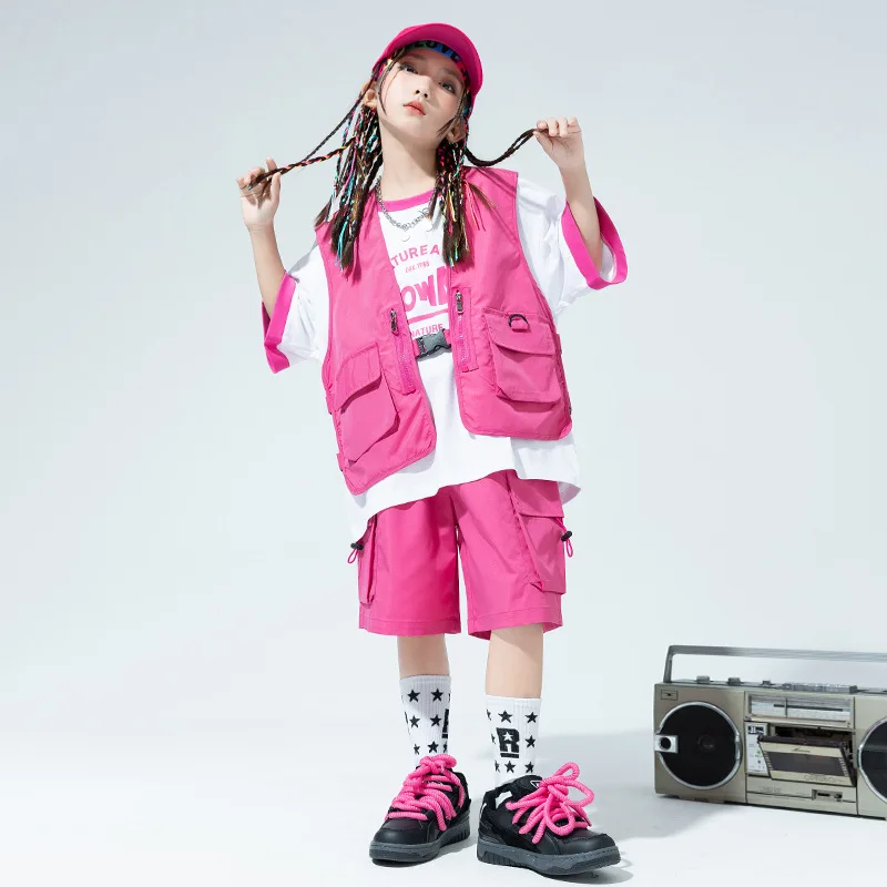 Vêtements Hip Hop pour enfants, veste en fibre de rose, t-shirt glacé, short cargo d'été décontracté pour fille et garçon, costume de danse jazz