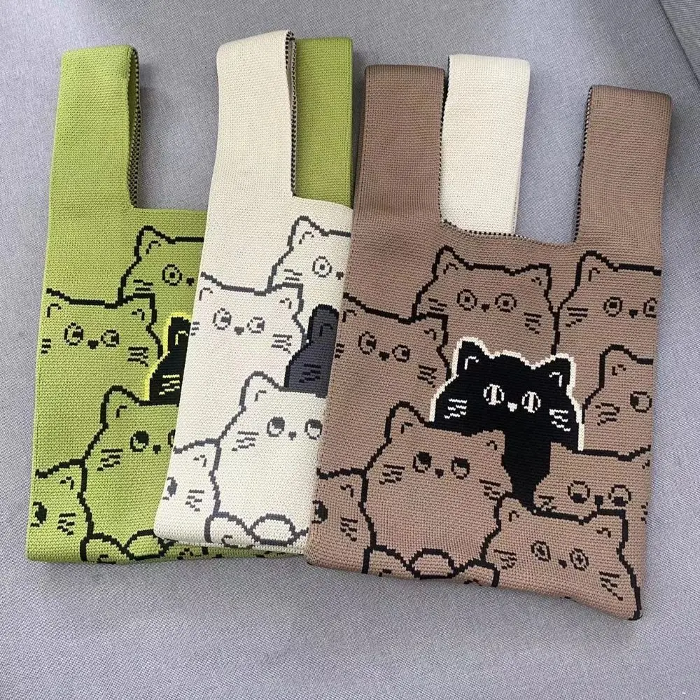 

Casual Cat Knit Handbag High-capacity Handmade Tote Bag Knit Knot Wrist Bag Girls