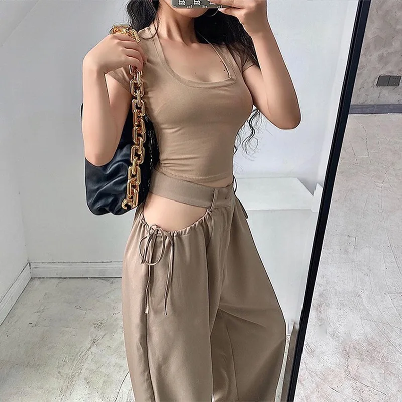 New Fall All-Match Drawstring Sexy Hollow Out Solid Color Trouser 2023 Summer Women High Waist Loose Thin Casual Khaki Pants