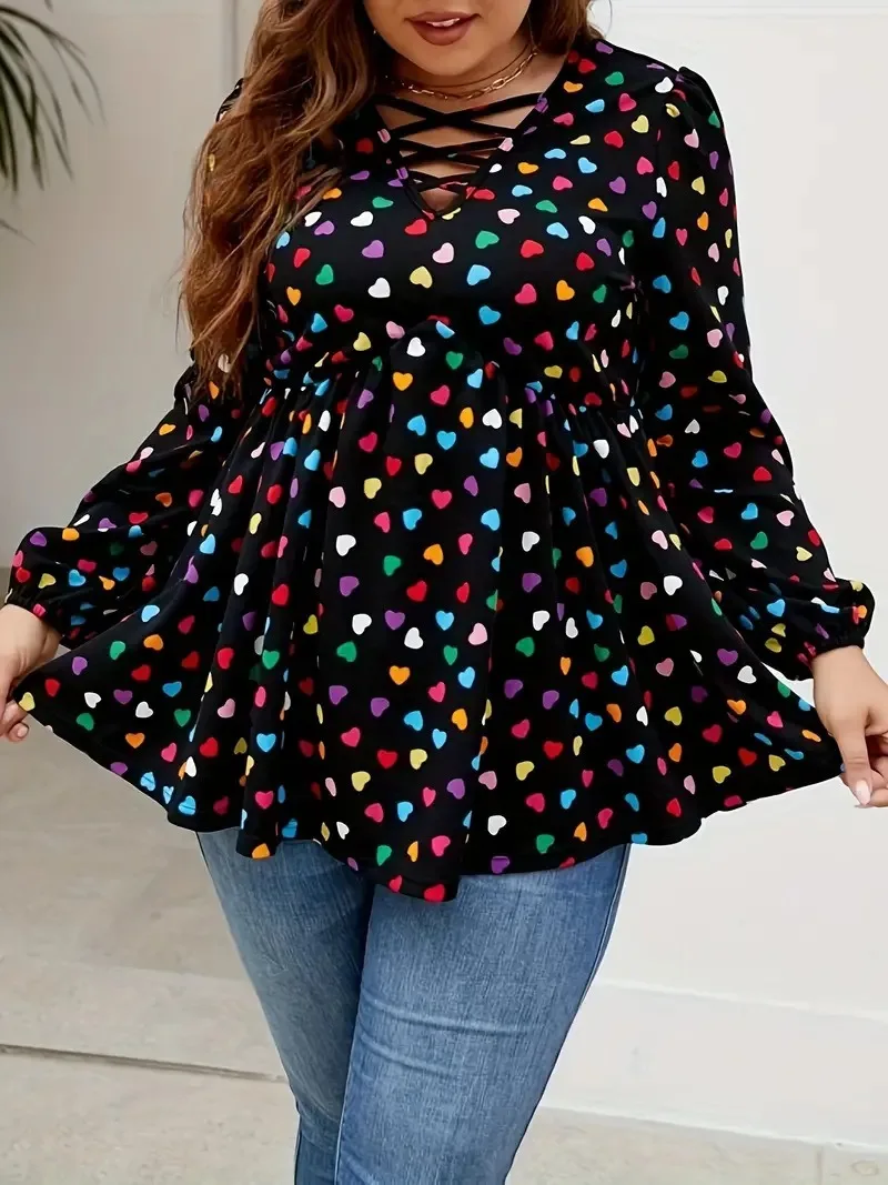 GIBSIE-Blusa de manga larga con estampado de corazón para mujer, Blusa con cuello de pico, dobladillo y volantes, estilo informal, talla grande,