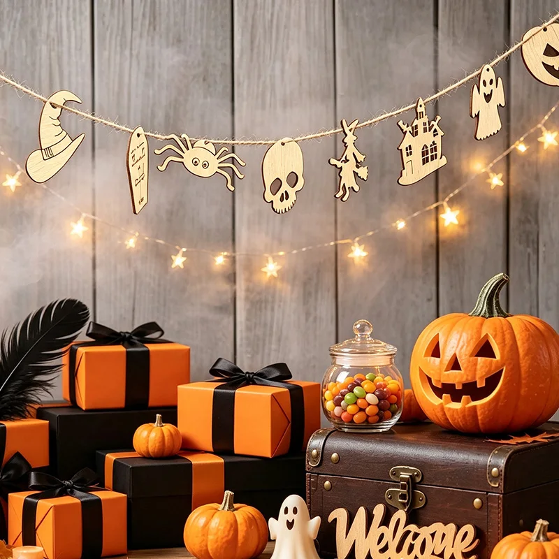 NUBECOM 24Pcs Halloween Wood DIY Craft Cutout Ornaments Spider Web Skull Witch Hat Shapes Boo Wood Slices for Wall Hanging Tags