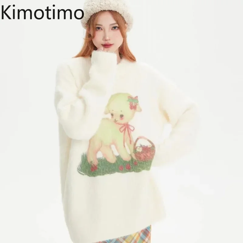 Kimotimo Cute Cartoon Lamb Jacquard Sweater Women Autumn Winter Round Neck Soft Y2k Pullover Preppy Style Loose Knitwear Tops