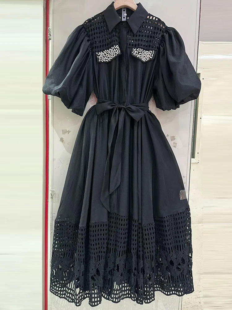 

Retro summer new lapel short sleeve embroidered rhinestone openwork dress fashion temperament tie waist loose dress with sling.