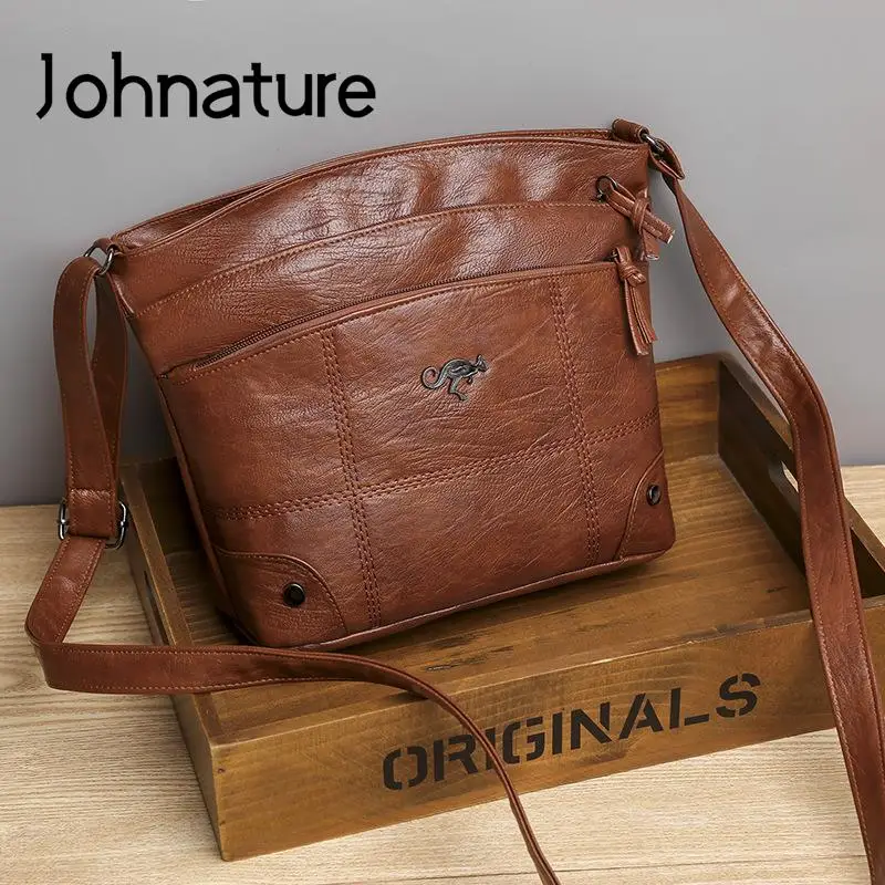 Johnature Casual Soft Leather Bag Women 2024 New Versatile Multi Pocket Large Capacity Solid Color Shoulder & Crossbody Bags