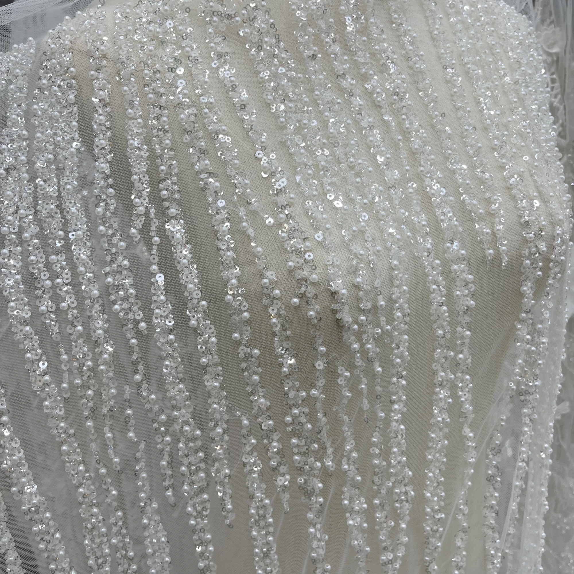 Simple Line Sense Sequins Beads Tulle Embroidery Lace Fabric Suitable For Personalized Dresses Upscale Wedding Evening Dresses