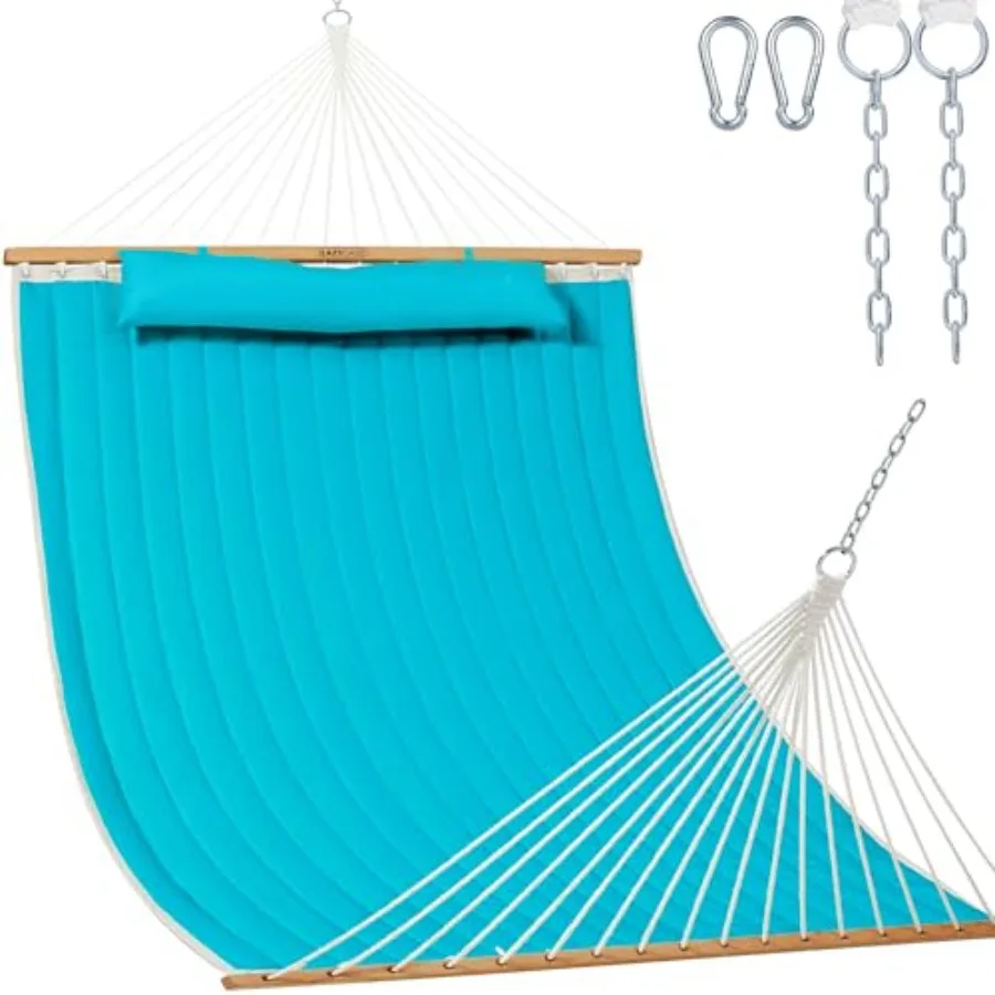 

Outdoor 2-person double quilted fabric hammock with spreader bar and detachable pillow for patio, garden, yard, pool, beach; 12