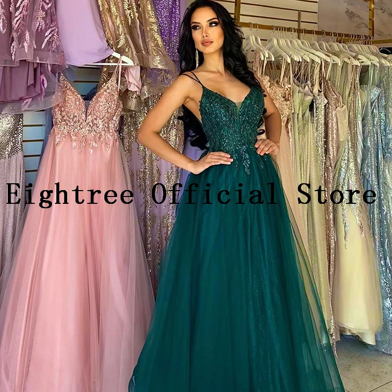 Eightree Formal A Linha Evening Prom Vestidos V-Neck Baguetes Apliques Vestido De Tule Arábia Saudita Vestidos De Festa De Cocktail Tamanho