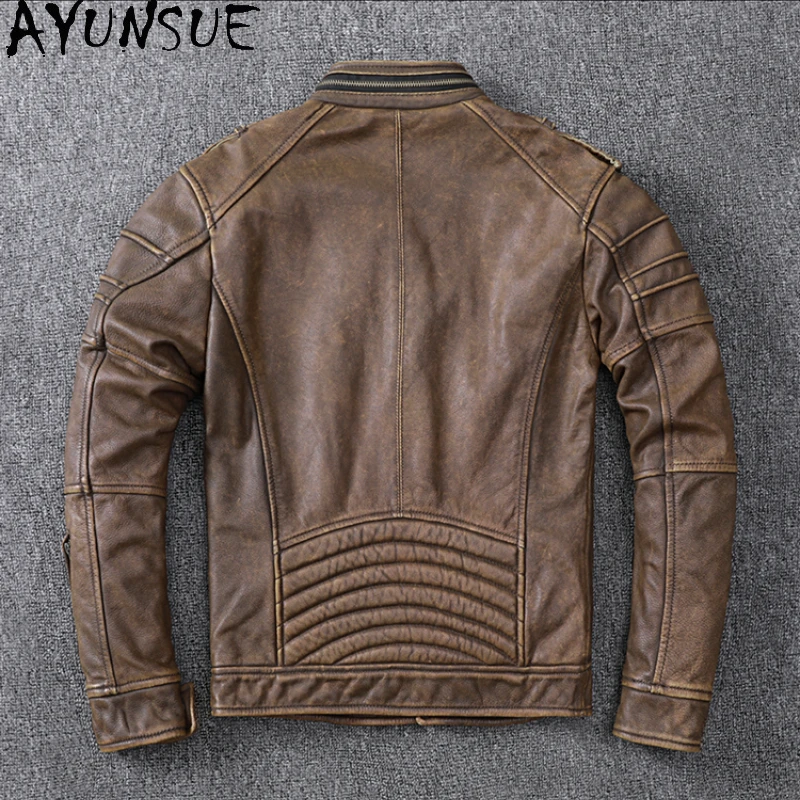 AYUNSUE Rétro Style Veste En Cuir Hommes Vêtements Court Moto Vestes En Cuir De Vache Automne CombSize S-5XL Veste Cuire zones me